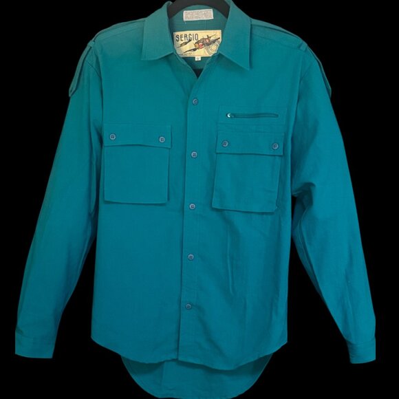 NWOT Y2K MENS GORPCORE GREEN BUTTON DOWN LONG SLEEVE UTILITY SHIRT EPAULETTES - Picture 2 of 8